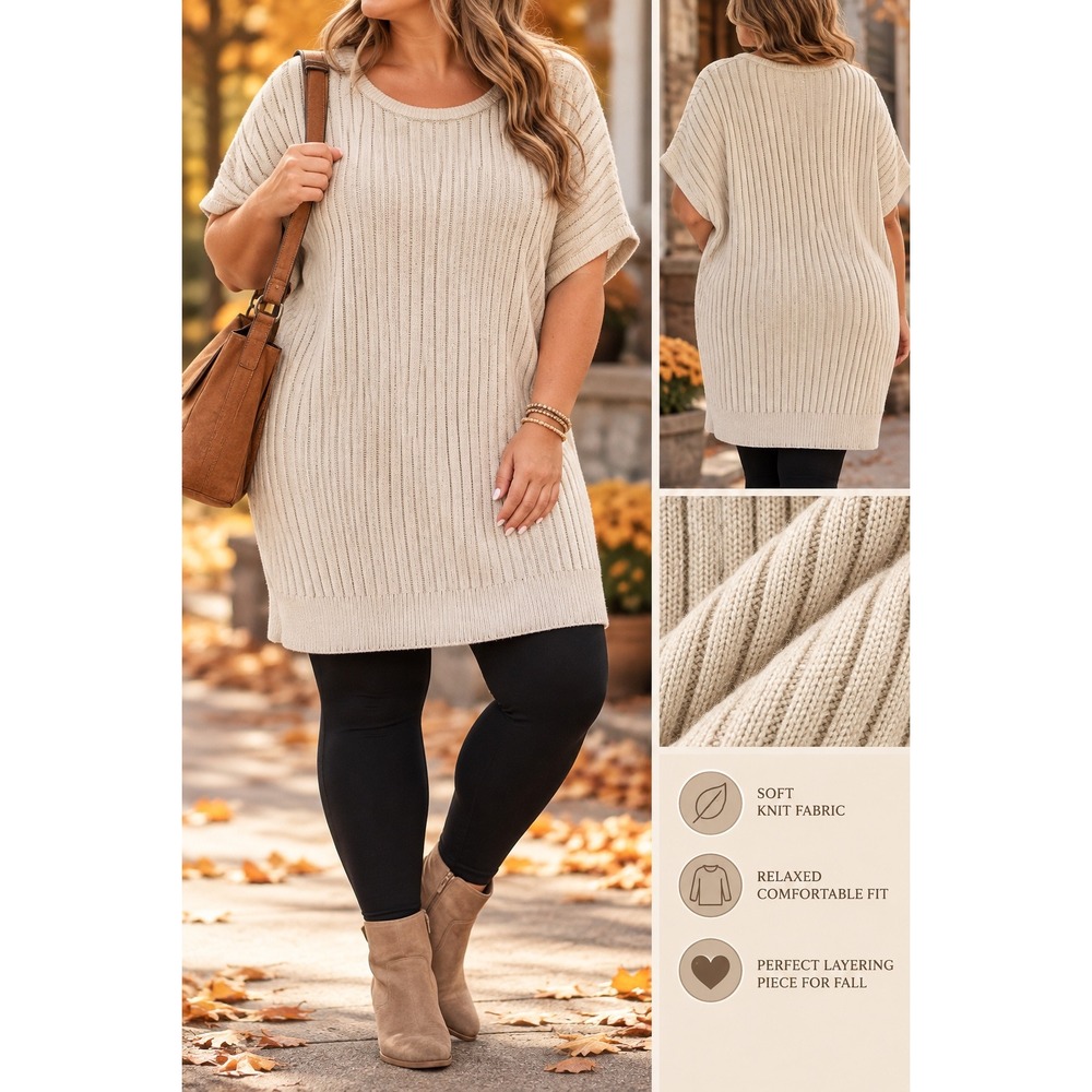 Chic Soul Oatmeal Cable Knit Sweater Tunic Dress Short Sleeve Women's Plus 1X